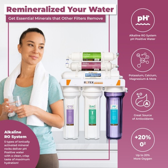 100 GPD - Under Sink 5-Stage RO drinking Filtration System NSF certified (no pump) & Alkaline  with leak stop valve